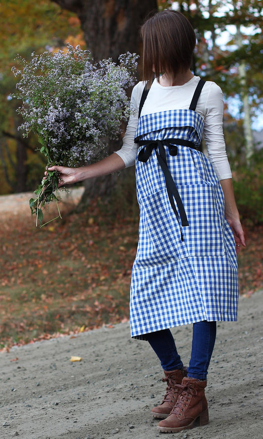 The Wrap Apron in Blue and White Check by The Vermont Apron Company - Autumn View - Front View