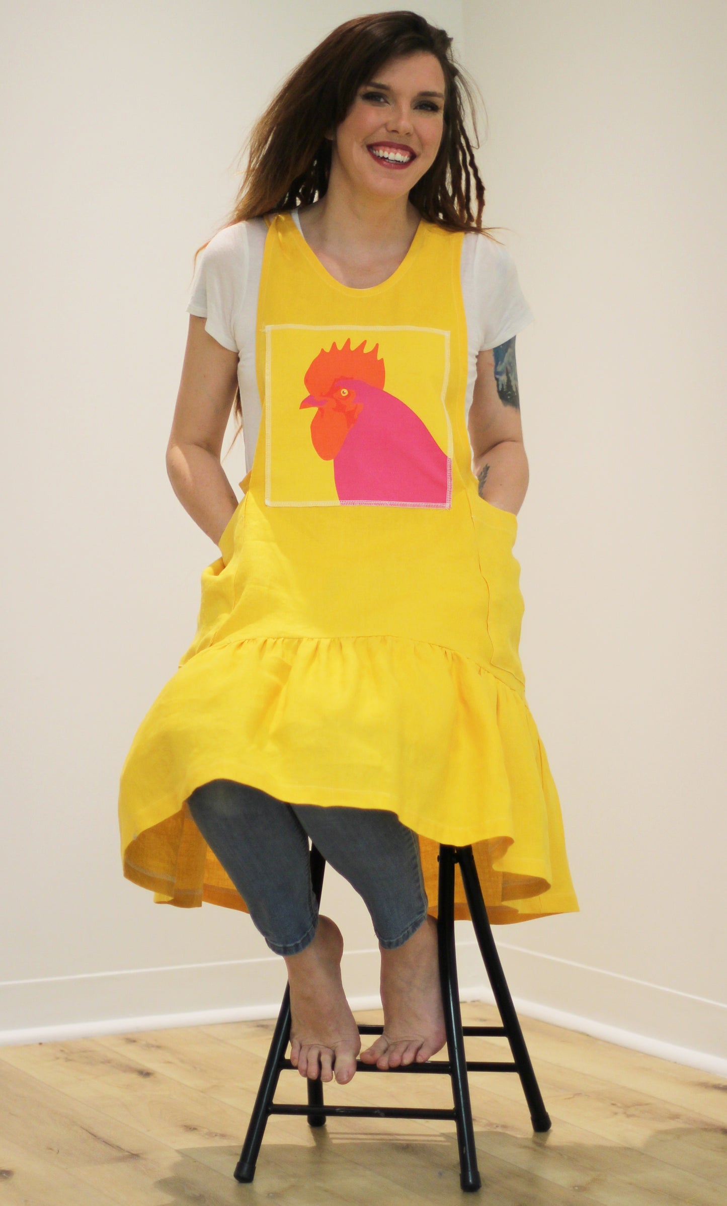 XS-5X No Tie Chicken Apron in Yellow 100% Flax Linen