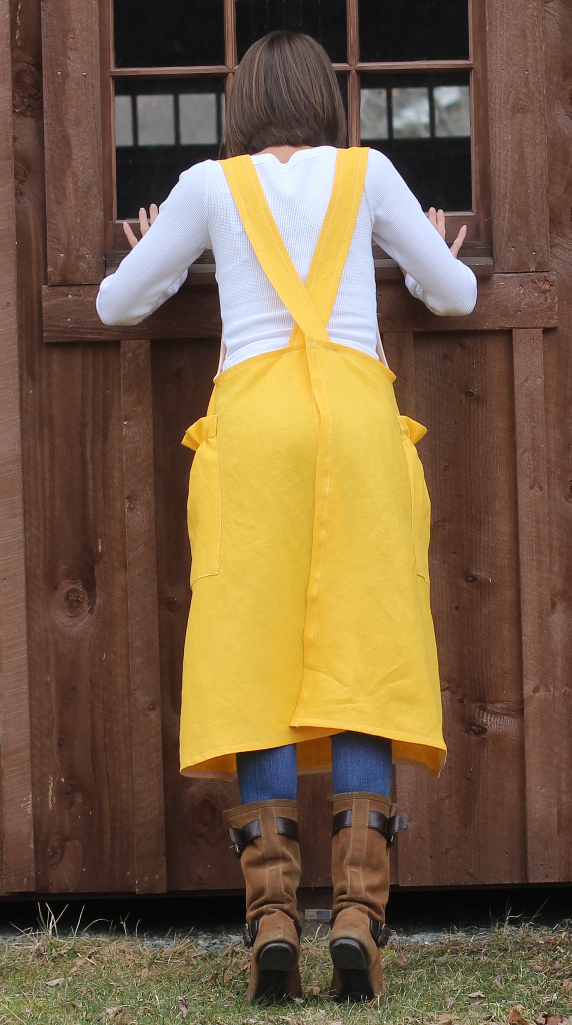 Yellow Linen No Tie Crossback Apron - Back View