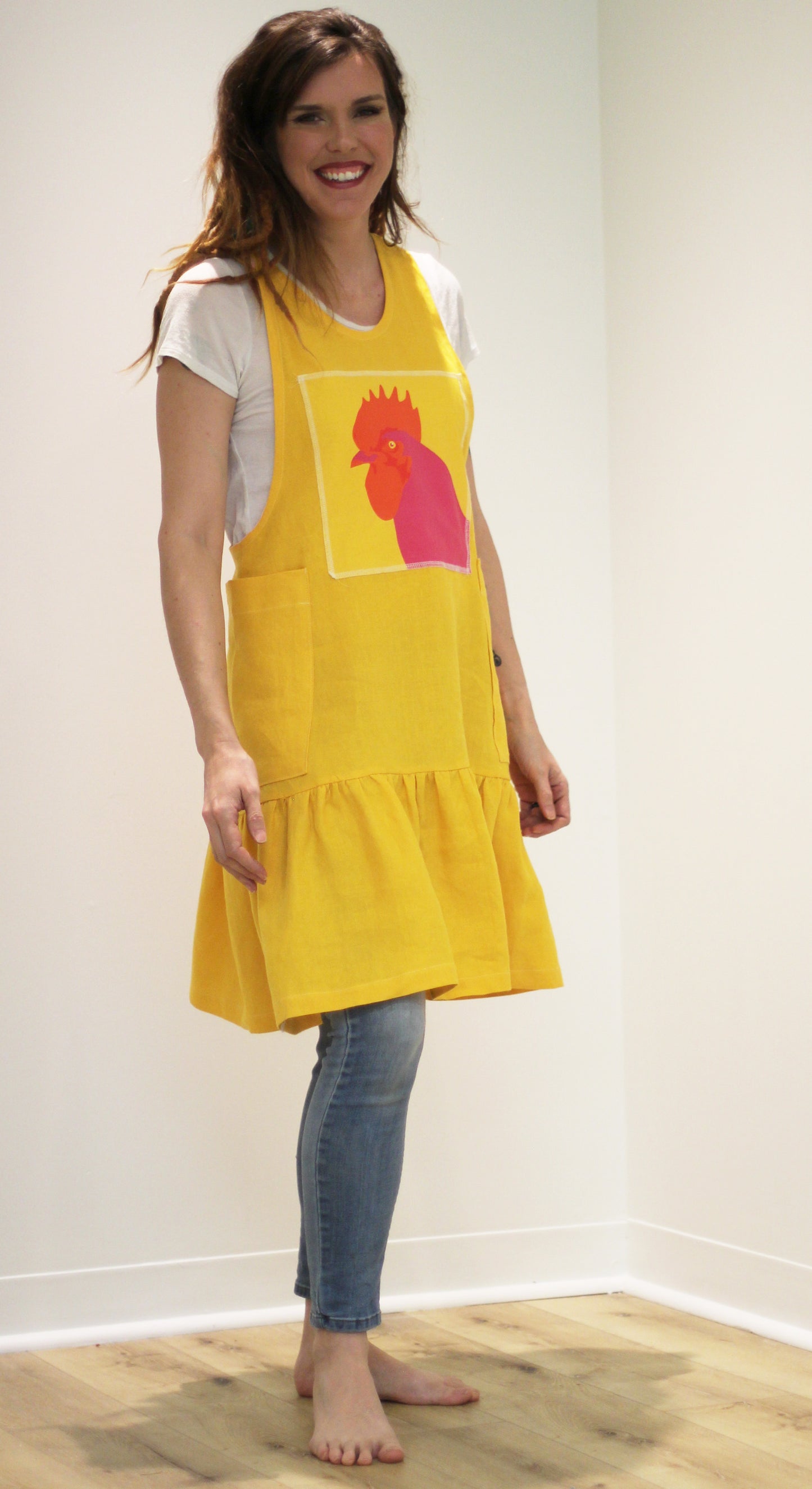 XS-5X No Tie Chicken Apron in Yellow 100% Flax Linen