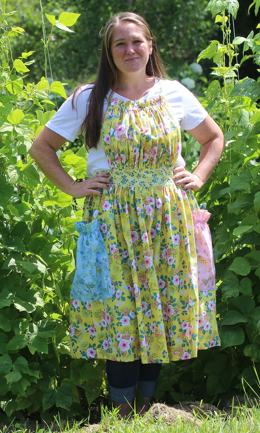 Gathered Bib Apron in Yellow Floral